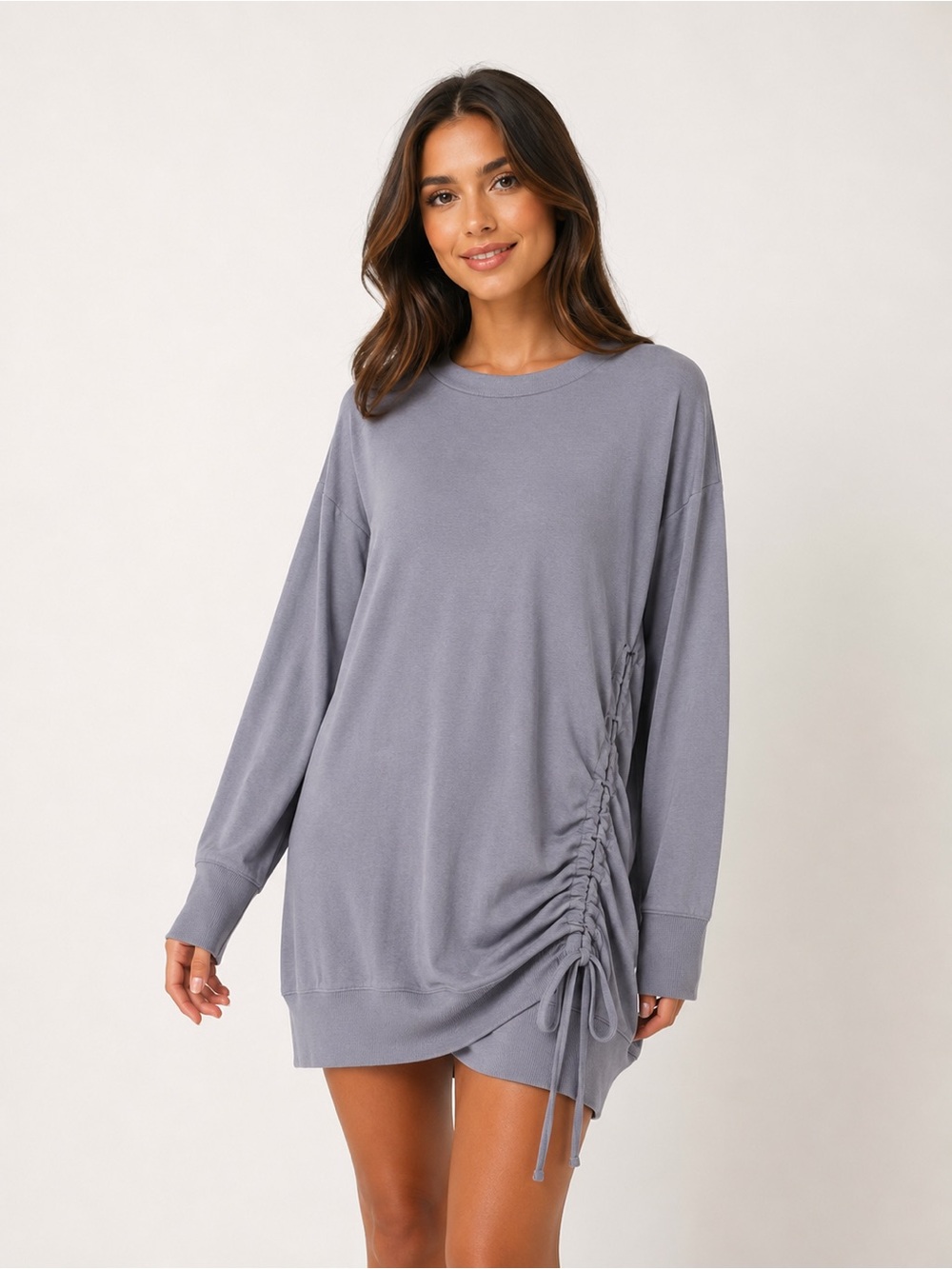 Express Gray Ruched Sweatshirt Dress XS Long Sleeve